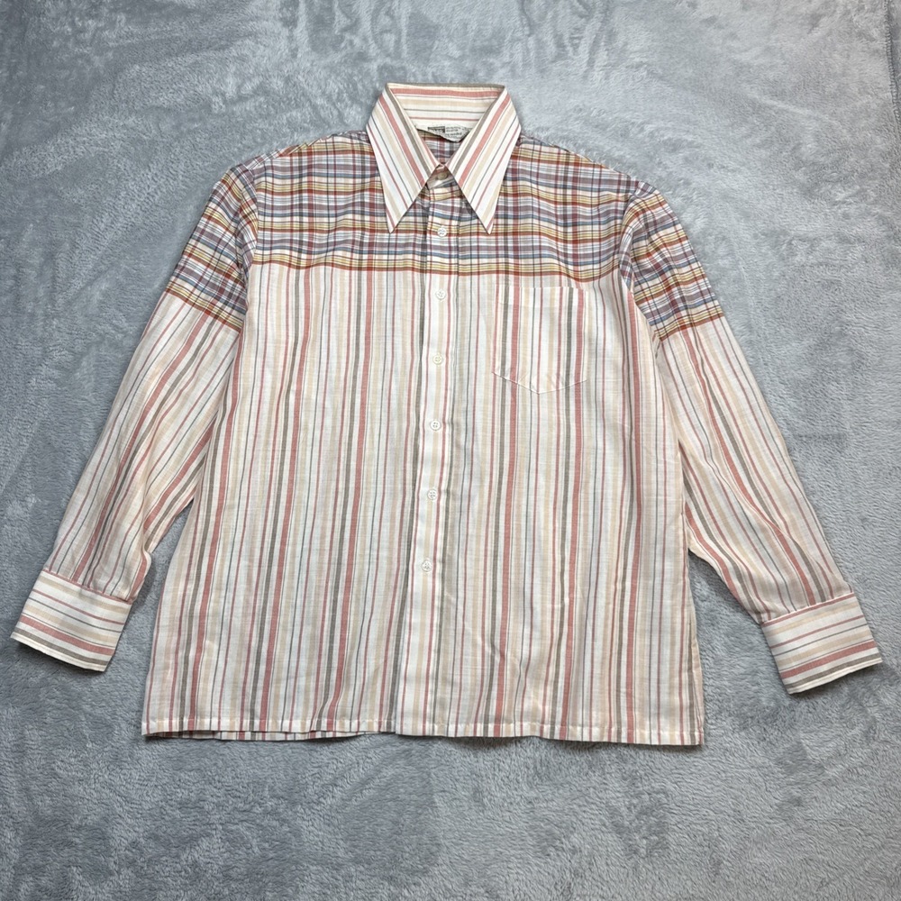 Vintage Montgomery Ward Button Shirt Men L 16-16.5 Striped Dagger Collar 70s 80s